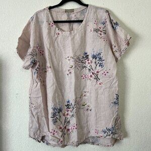C. Valentyne Italy Womens 100% Linen Floral Top Pale Pink Short Sleeve Italian